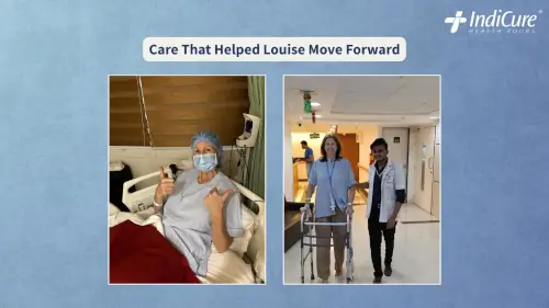 A group photo of Louise Walch with the IndiCure coordinators who managed the logistics of her medical trip to Mumbai.